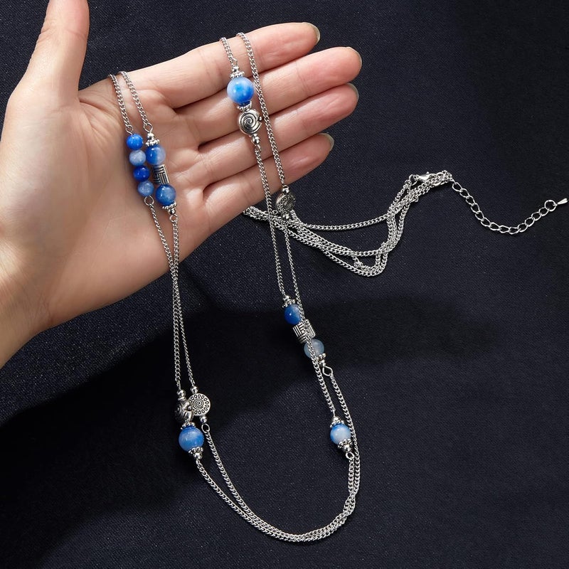 BULINLIN Layered Silver Long Necklace for Women Turquoise Stone Beaded Strand Sweater Chain Necklaces Fashion Costume Jewelry Gifts for Mom - Image 4